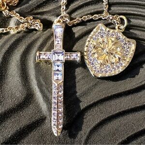 Sparkling Gold Toned Cross Sword Necklace with Shield DND Paladin